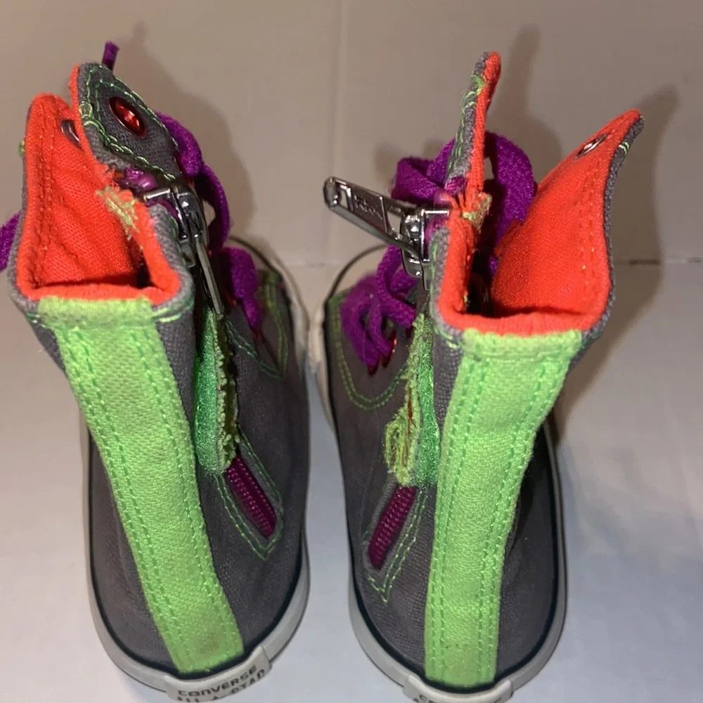 Converse All Star gray, orange, neon green, and purple high top sneakers size 5